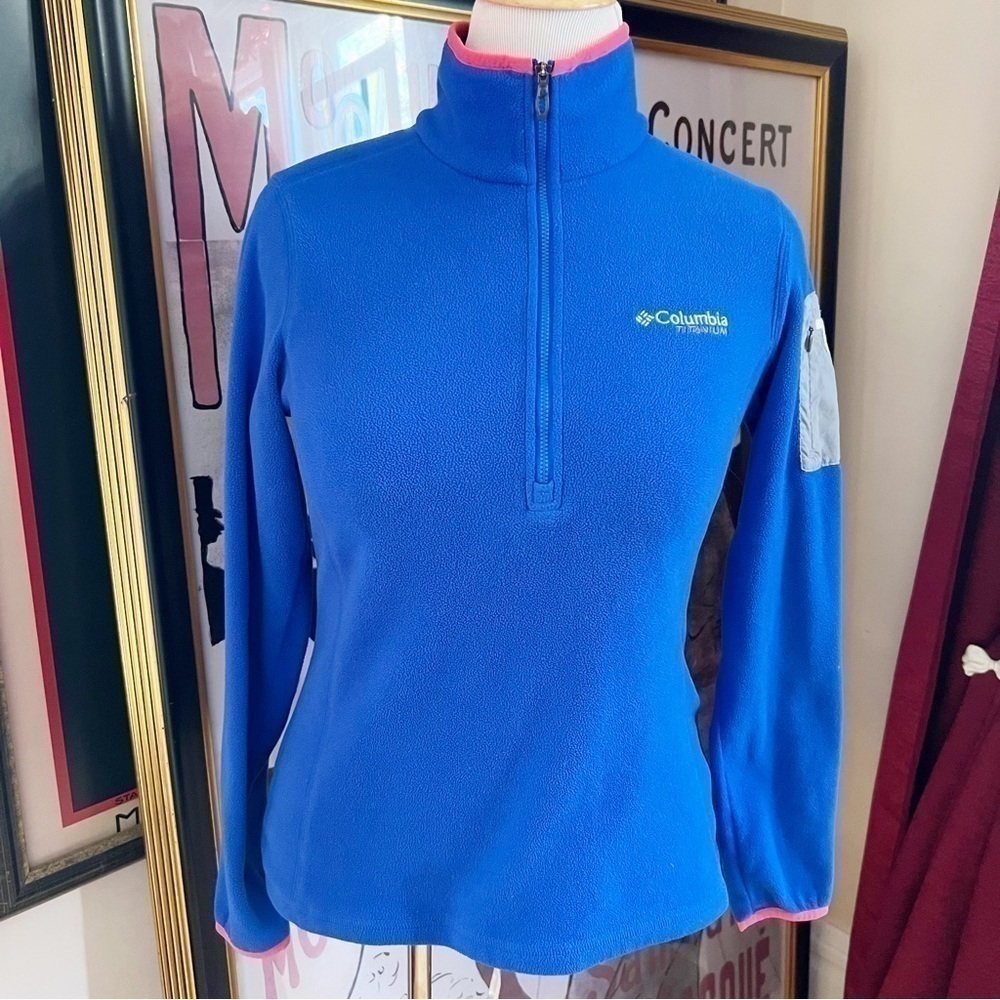 Columbia: Titanium Royal Blue Fleece Hot Pink Polartec Trim Pull Over Sweater